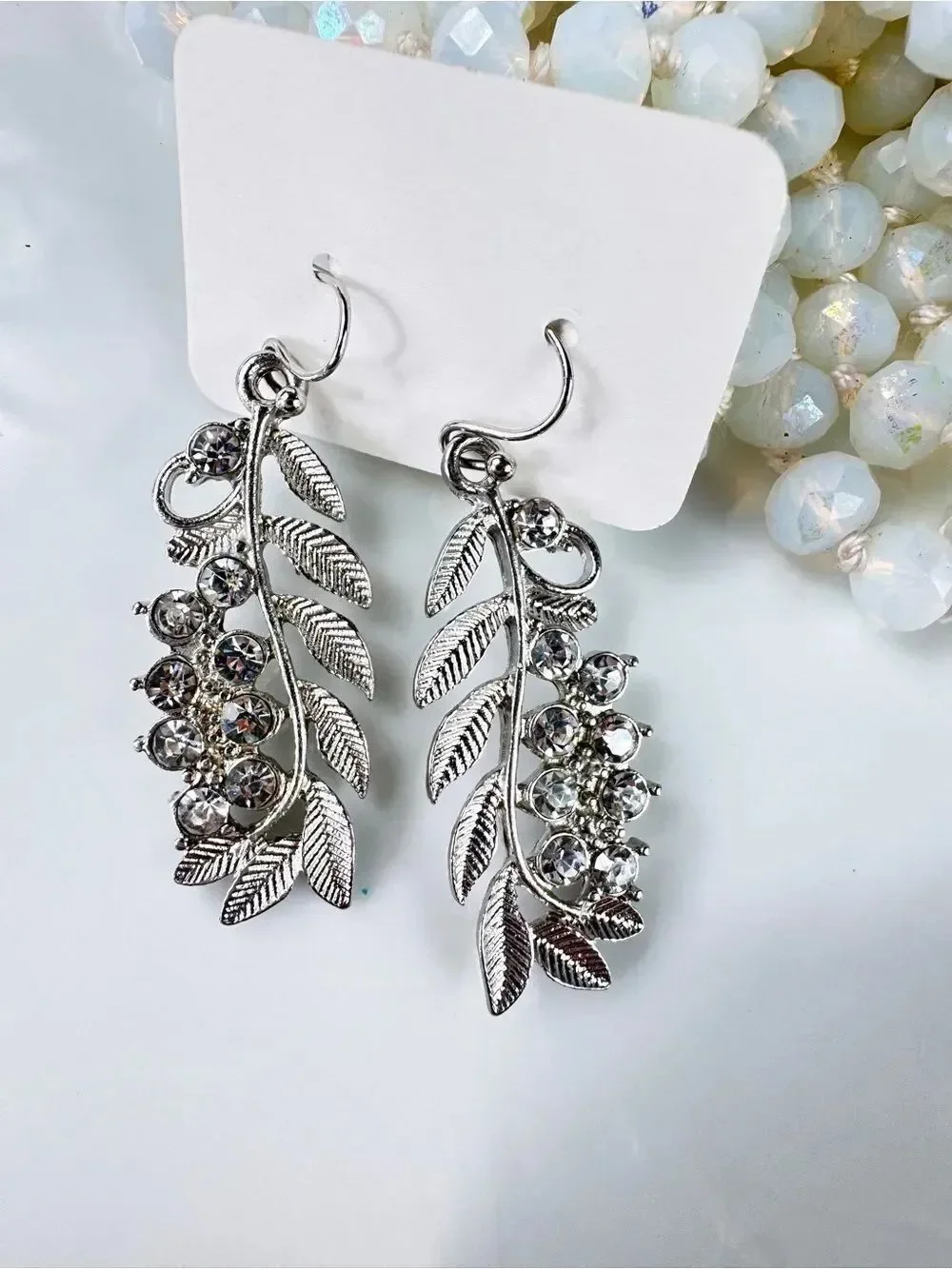 Zara Vintage Silver Leaf Crystal Drop Earrings